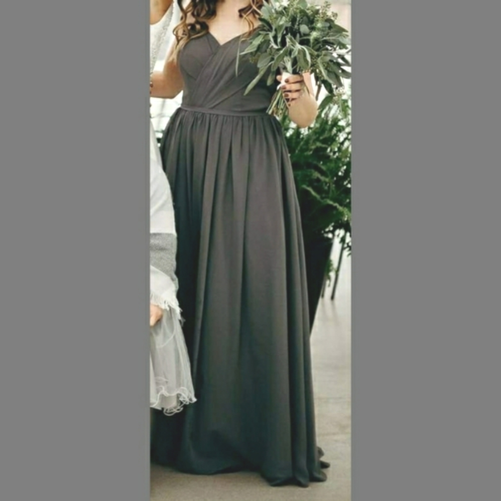 Azazie Cora Steel Gray, A-Line, V-Neck, Spaghetti Straps Floor Length Gown - Picture 5 of 5
